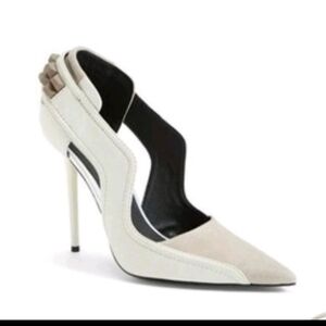 L.A.M.B Womens White And Gray Enforce Leather Suede Pointy Toe Pump 9.5